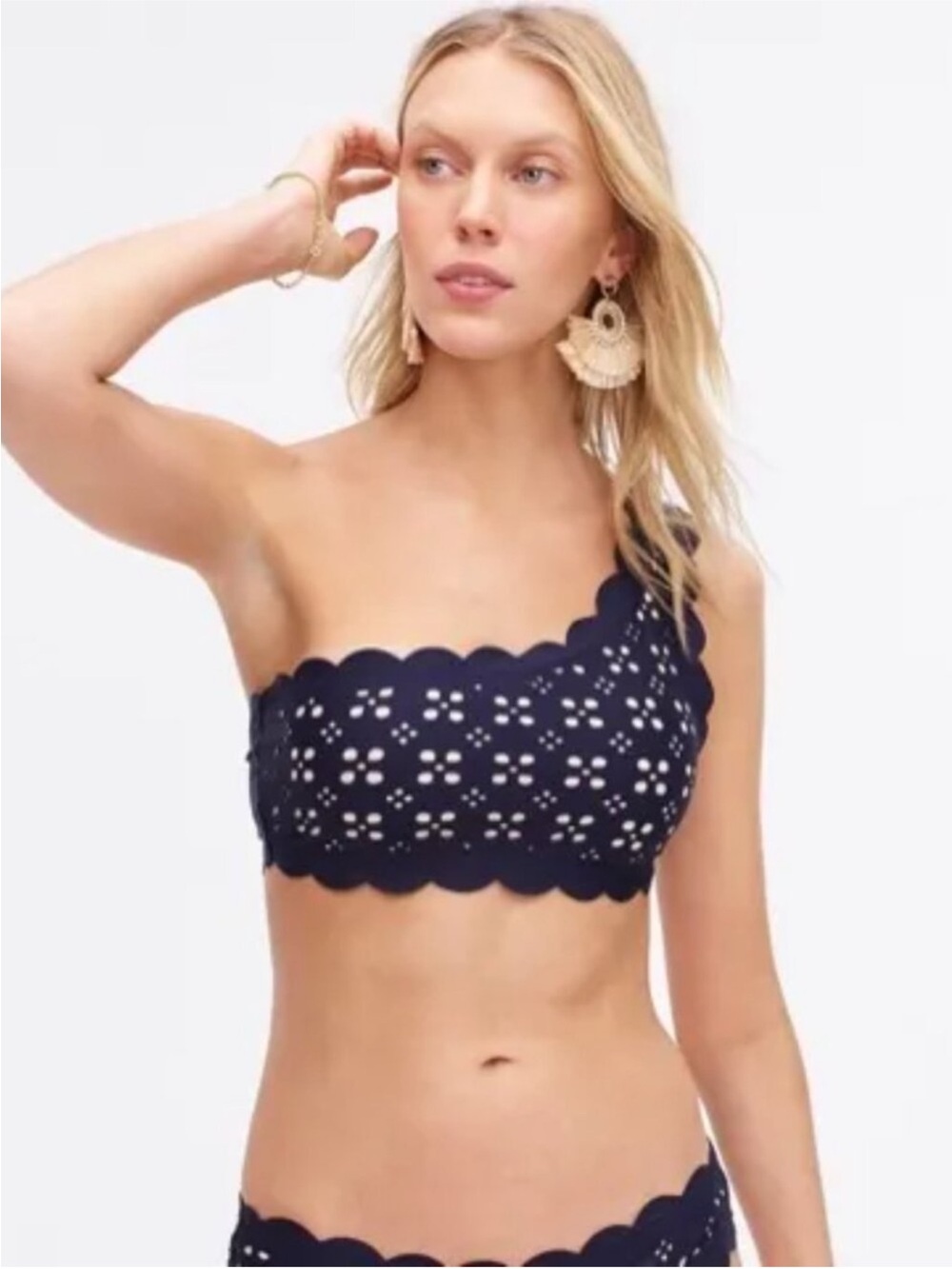 J, Crew Navy One Shoulder Laser Cut Eyelet Scalloped  Bikini Top Only size small